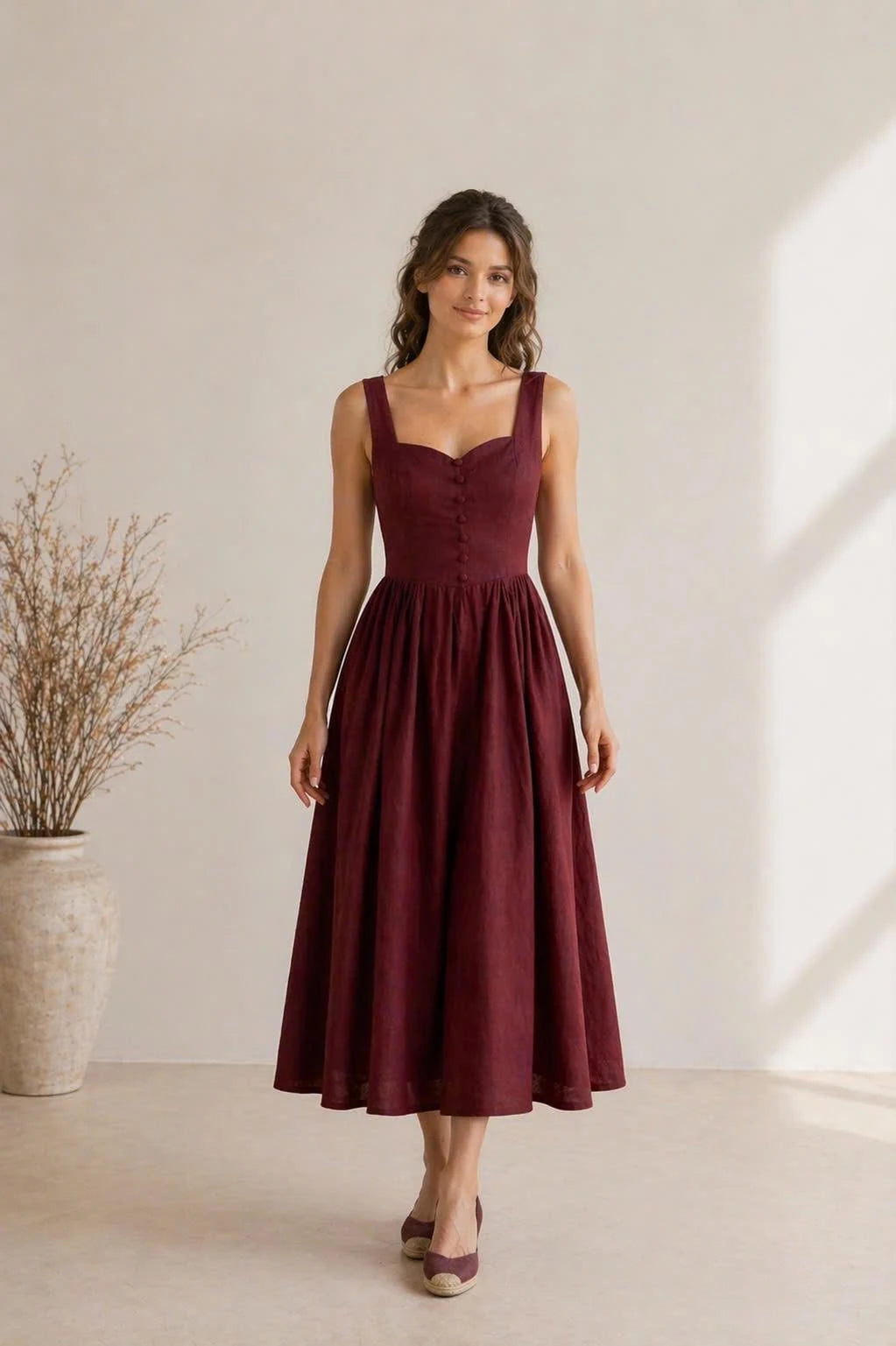 Elegant A-Line Sweetheart Sleeveless Button-Front Pocketed Burgundy Midi Women's Prom Gown