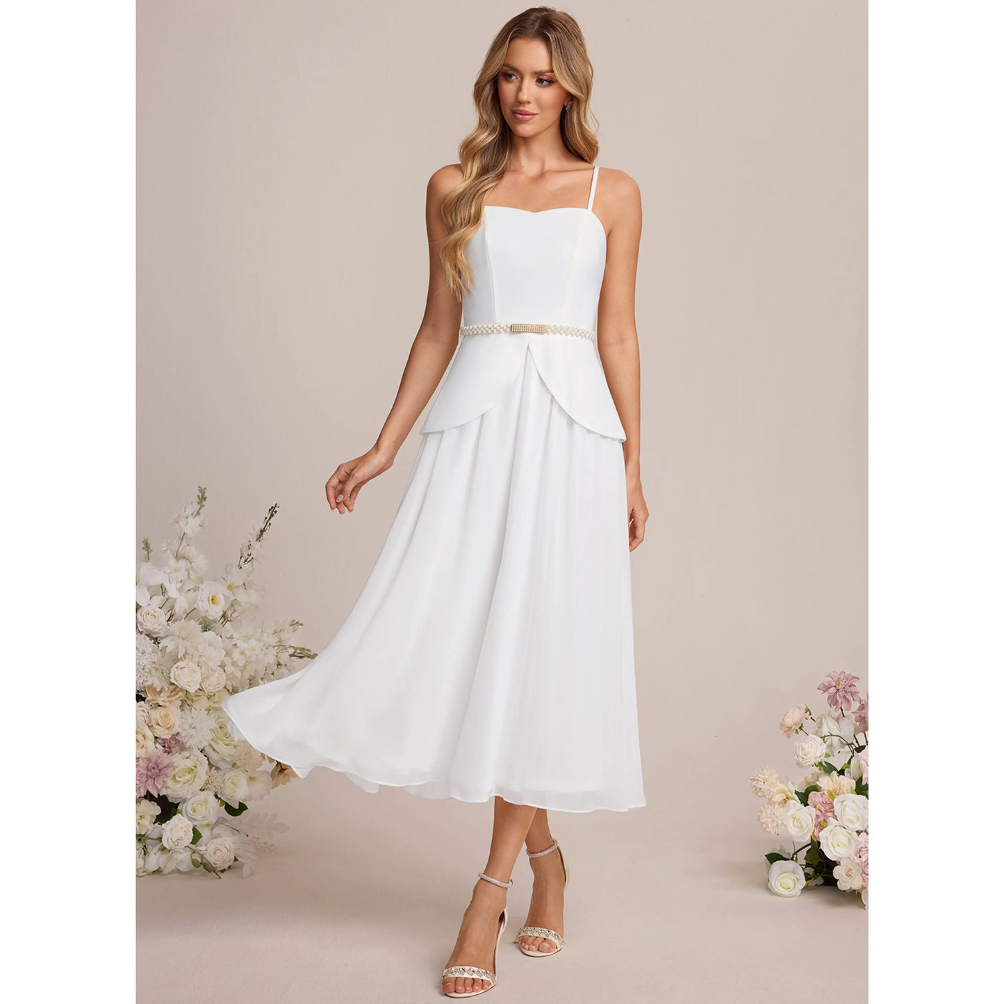 Elegant A-Line Sweetheart Sleeveless Chic Beaded White Midi Wedding Dresses Women's Gown