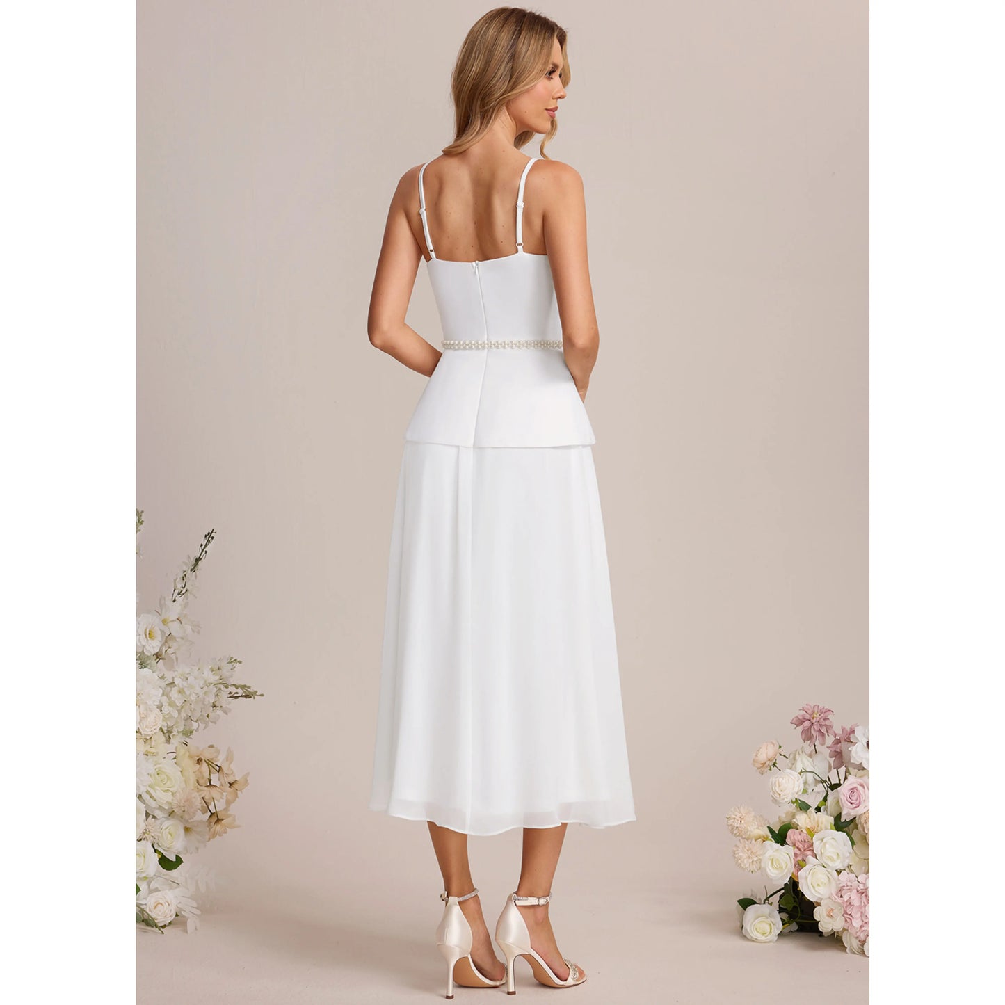 Elegant A-Line Sweetheart Sleeveless Chic Beaded White Midi Wedding Dresses Women's Gown