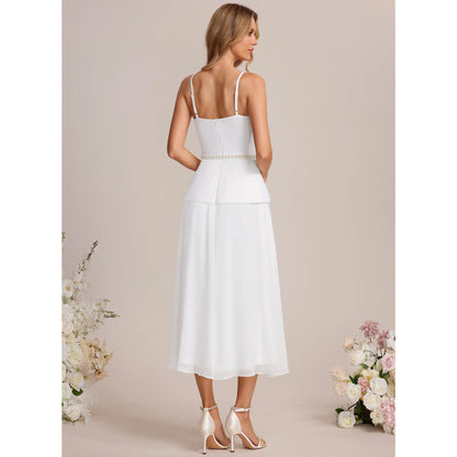 Elegant A-Line Sweetheart Sleeveless Chic Beaded White Midi Wedding Dresses Women's Gown