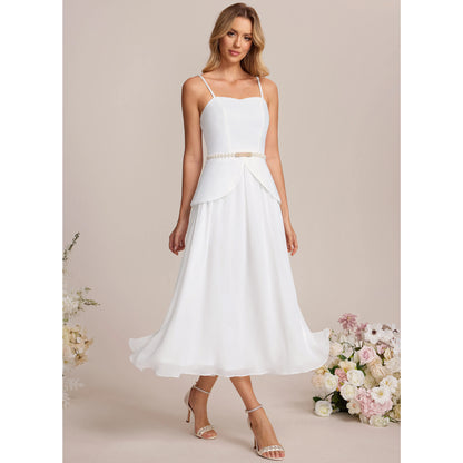 Elegant A-Line Sweetheart Sleeveless Chic Beaded White Midi Wedding Dresses Women's Gown