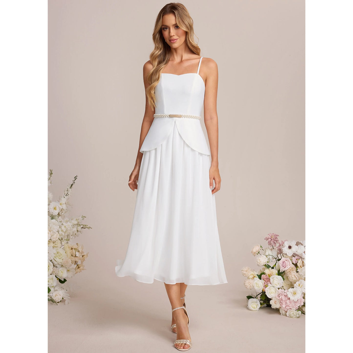 Elegant A-Line Sweetheart Sleeveless Chic Beaded White Midi Wedding Dresses Women's Gown
