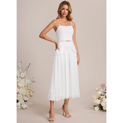 Elegant A-Line Sweetheart Sleeveless Chic Beaded White Midi Wedding Dresses Women's Gown