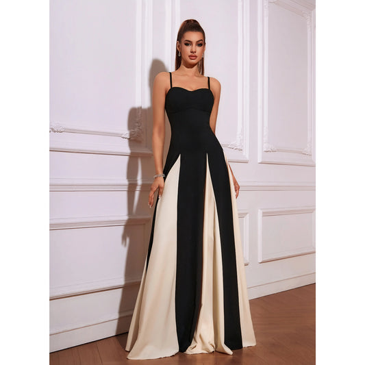 Elegant A-Line Sweetheart Sleeveless Chic Colorblock Black Cream Floor-Length Prom Dress Gown