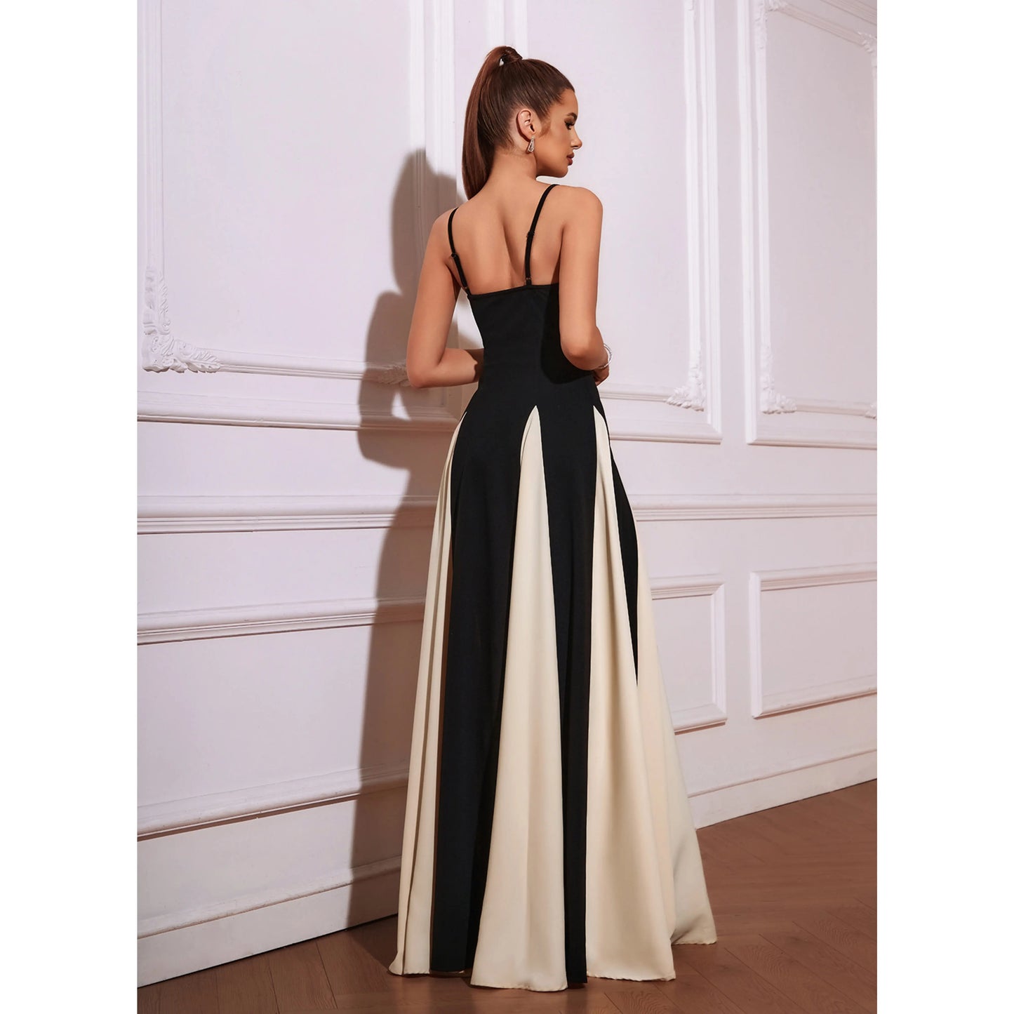 Elegant A-Line Sweetheart Sleeveless Chic Colorblock Black Cream Floor-Length Prom Dress Gown