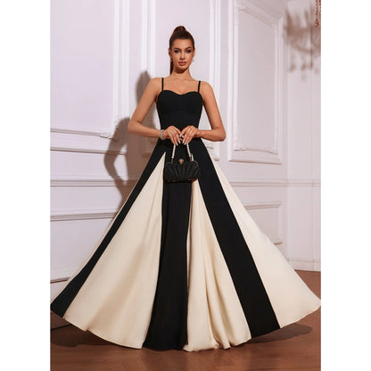 Elegant A-Line Sweetheart Sleeveless Chic Colorblock Black Cream Floor-Length Prom Dress Gown