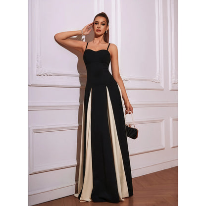 Elegant A-Line Sweetheart Sleeveless Chic Colorblock Black Cream Floor-Length Prom Dress Gown