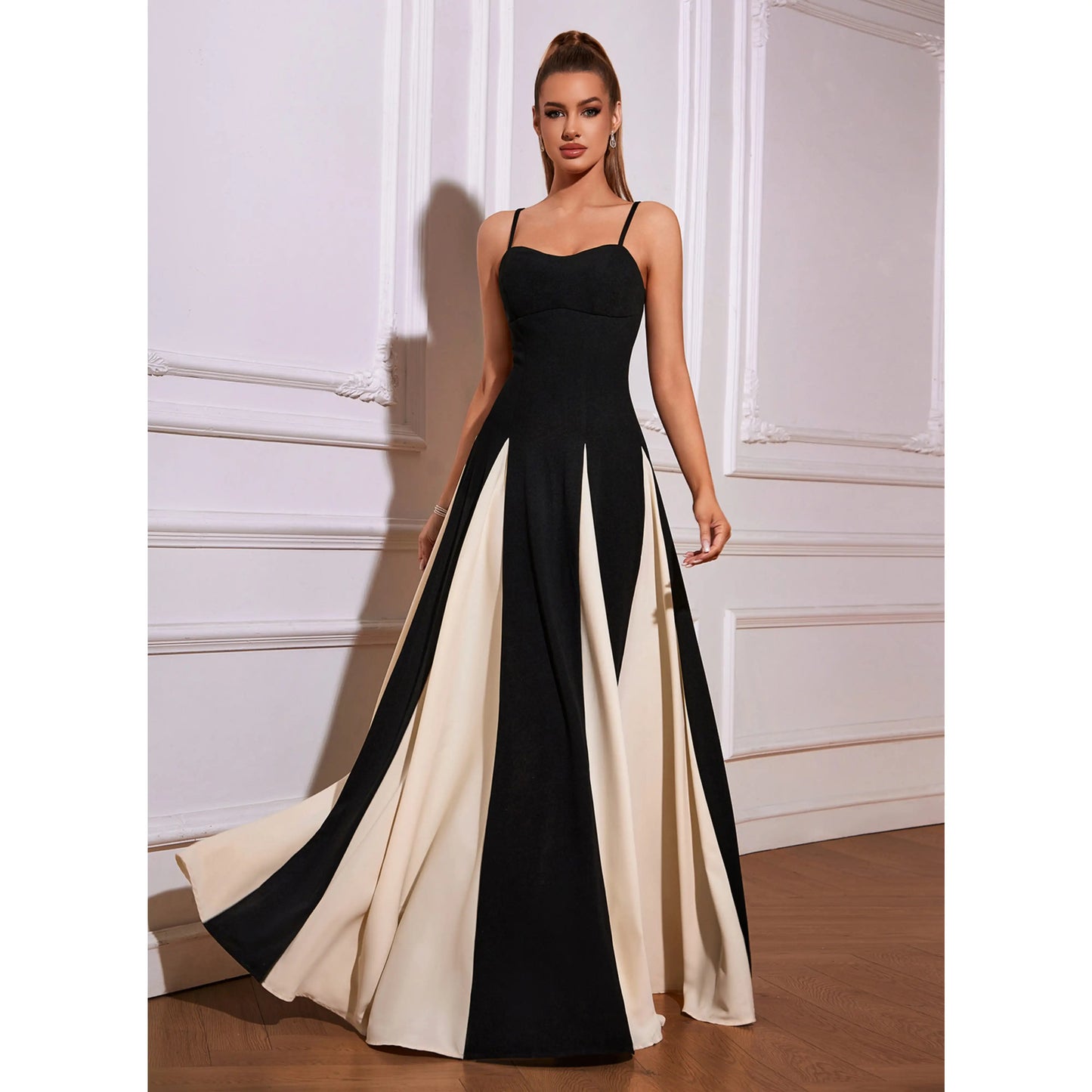 Elegant A-Line Sweetheart Sleeveless Chic Colorblock Black Cream Floor-Length Prom Dress Gown