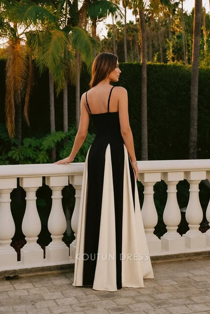 Elegant A-Line Sweetheart Sleeveless Color Block Black White Floor-Length Prom Gown