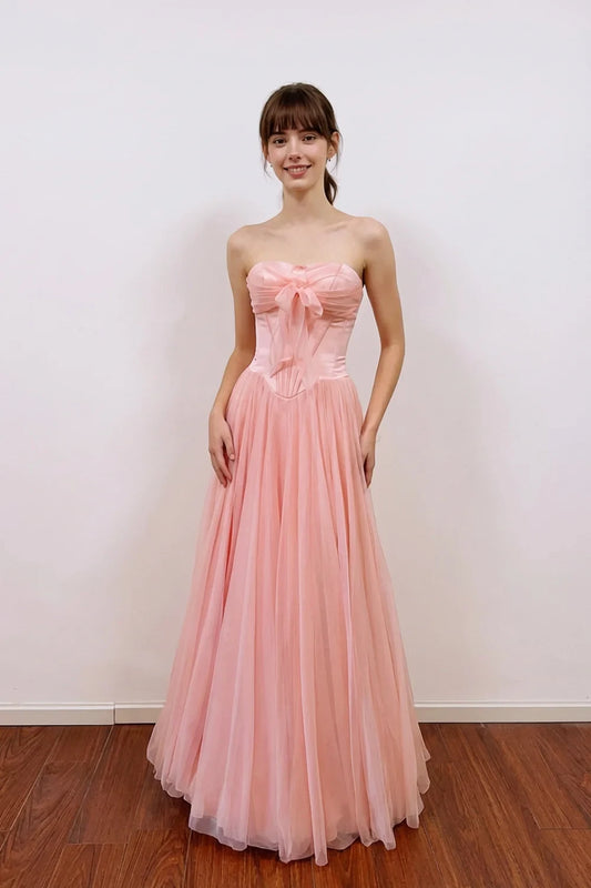 Elegant A-Line Sweetheart Sleeveless Corset Bow Pink Floor-Length Prom Gown