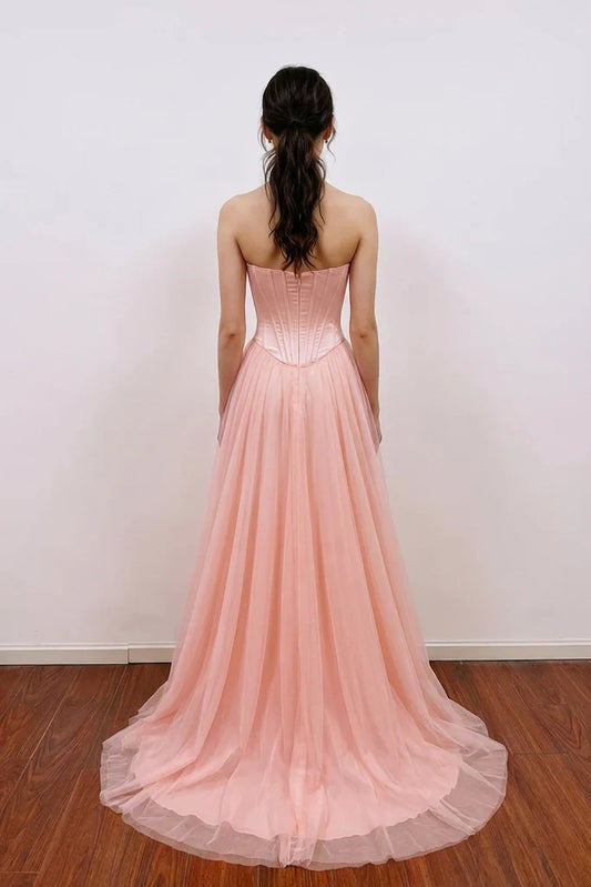 Elegant A-Line Sweetheart Sleeveless Corset Bow Pink Floor-Length Prom Gown
