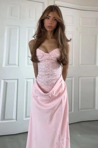 Elegant A-Line Sweetheart Sleeveless Corset Draped Pink Long Prom Dresses Gown