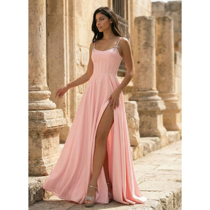 Elegant A-Line Sweetheart Sleeveless Corset High Slit Blush Pink Floor Prom Gown