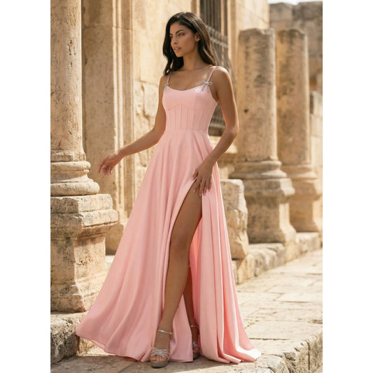 Elegant A-Line Sweetheart Sleeveless Corset High Slit Blush Pink Floor Prom Gown