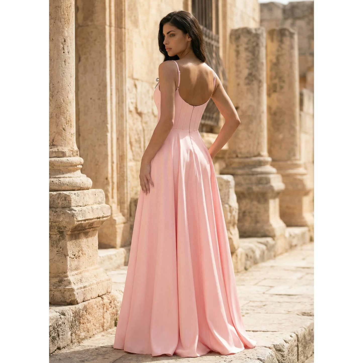 Elegant A-Line Sweetheart Sleeveless Corset High Slit Blush Pink Floor Prom Gown
