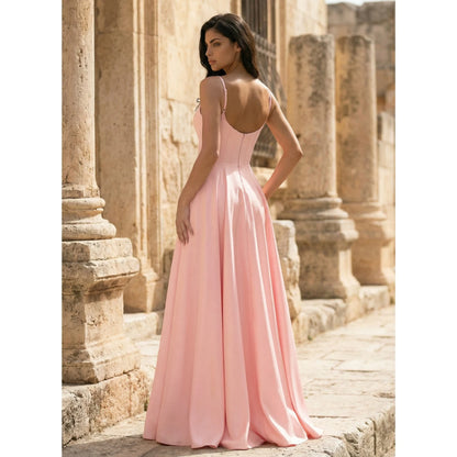 Elegant A-Line Sweetheart Sleeveless Corset High Slit Blush Pink Floor Prom Gown