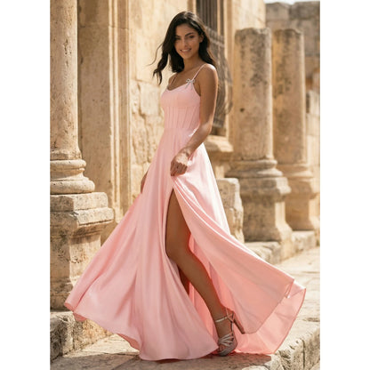 Elegant A-Line Sweetheart Sleeveless Corset High Slit Blush Pink Floor Prom Gown