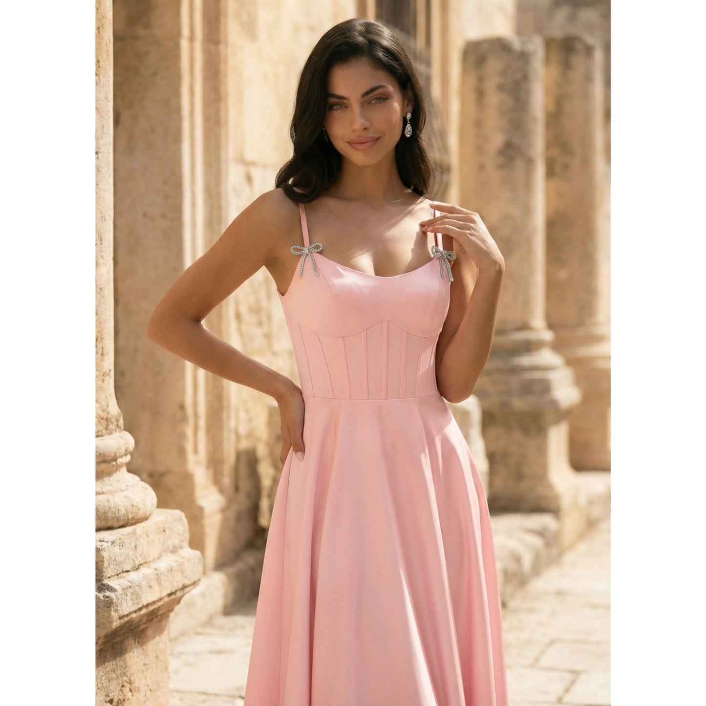 Elegant A-Line Sweetheart Sleeveless Corset High Slit Blush Pink Floor Prom Gown