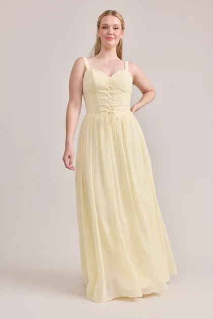 Elegant A-Line Sweetheart Sleeveless Corset Romantic Pale Yellow Floor-Length Bridesmaid Dress