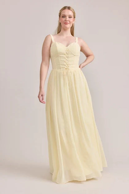 Elegant A-Line Sweetheart Sleeveless Corset Romantic Pale Yellow Floor-Length Bridesmaid Dress