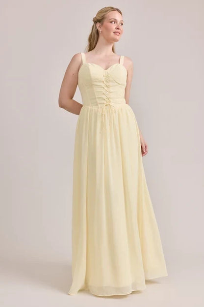 Elegant A-Line Sweetheart Sleeveless Corset Romantic Pale Yellow Floor-Length Bridesmaid Dress