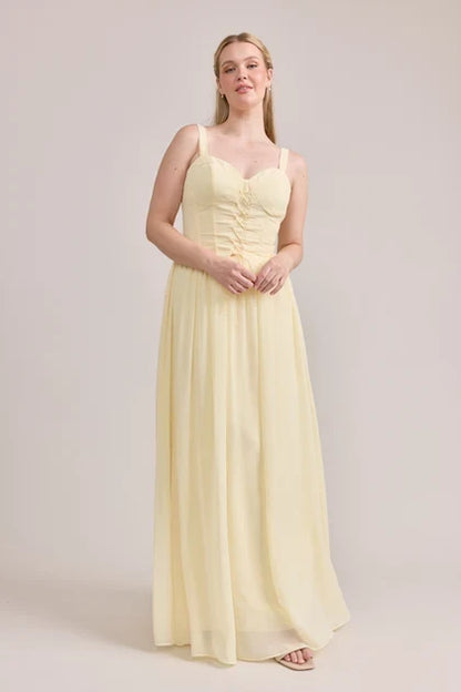 Elegant A-Line Sweetheart Sleeveless Corset Romantic Pale Yellow Floor-Length Bridesmaid Dress