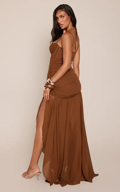 Elegant A-Line Sweetheart Sleeveless Corset Ruched Brown Maxi Evening Dresses Women