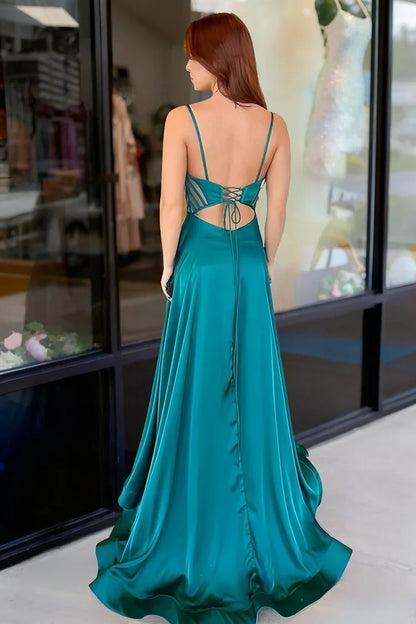 Elegant A-Line Sweetheart Sleeveless Corset Slit Emerald Green Long Prom Gown