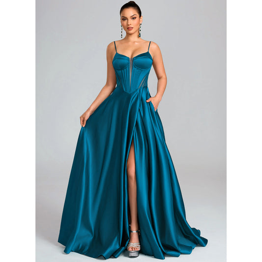 Elegant A-Line Sweetheart Sleeveless Corset Slit Teal Floor-Length Prom Dress