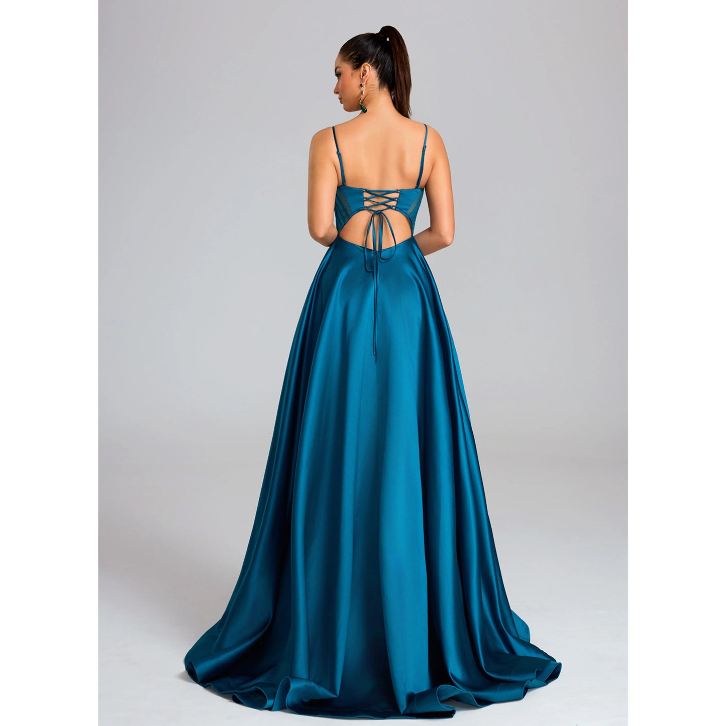 Elegant A-Line Sweetheart Sleeveless Corset Slit Teal Floor-Length Prom Dress