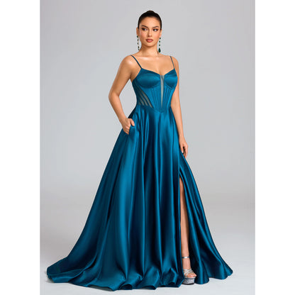 Elegant A-Line Sweetheart Sleeveless Corset Slit Teal Floor-Length Prom Dress