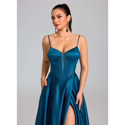 Elegant A-Line Sweetheart Sleeveless Corset Slit Teal Floor-Length Prom Dress
