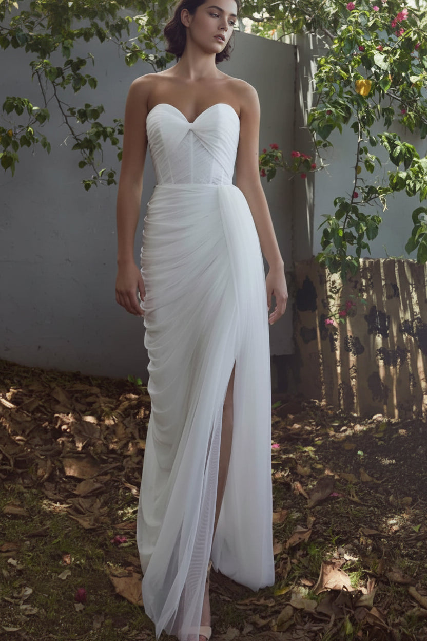 Elegant A-Line Sweetheart Sleeveless Draped Ruched White Floor-Length Wedding Dresses Bridal Gown
