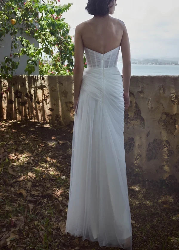 Elegant A-Line Sweetheart Sleeveless Draped Ruched White Floor-Length Wedding Dresses Bridal Gown