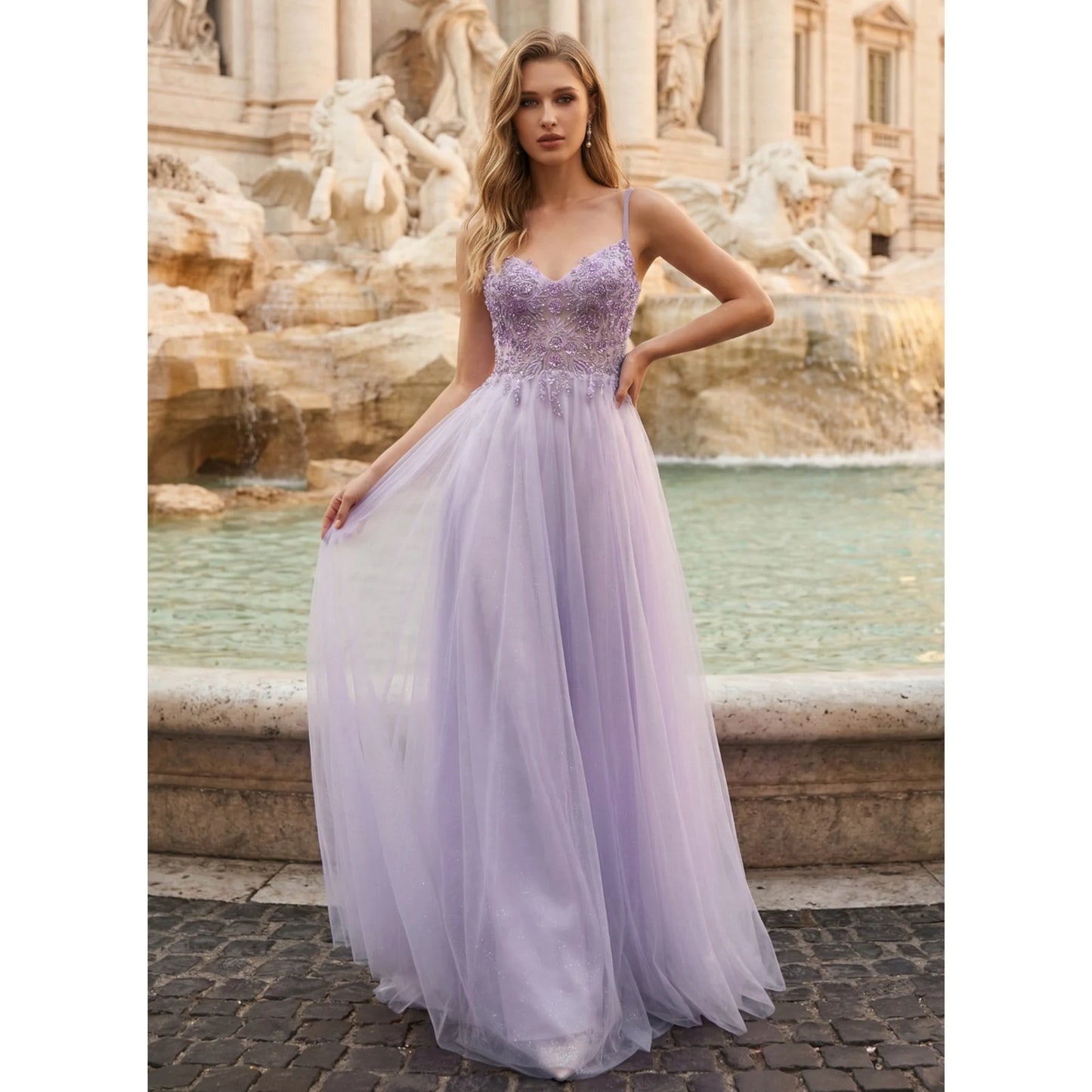 Elegant A-Line Sweetheart Sleeveless Embellished Sparkly Lavender Floor-Length Prom Dress for Women