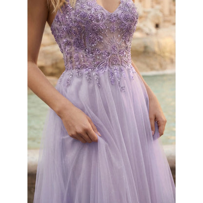 Elegant A-Line Sweetheart Sleeveless Embellished Sparkly Lavender Floor-Length Prom Dress for Women