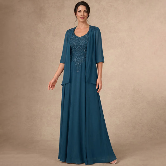 Elegant A-Line Sweetheart Sleeveless Embellished Teal Floor-Length Mother Of The Bride Gown