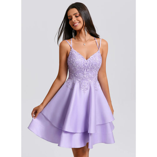 Elegant A-Line Sweetheart Sleeveless Embroidered Tiered Lavender Short Homecoming Dress
