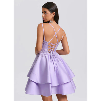 Elegant A-Line Sweetheart Sleeveless Embroidered Tiered Lavender Short Homecoming Dress