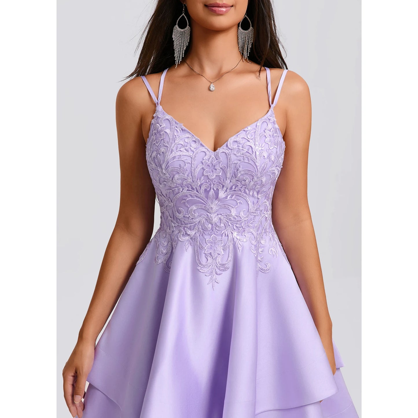 Elegant A-Line Sweetheart Sleeveless Embroidered Tiered Lavender Short Homecoming Dress