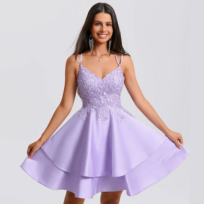 Elegant A-Line Sweetheart Sleeveless Embroidered Tiered Lavender Short Homecoming Dress