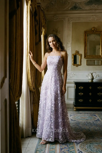 Elegant A-Line Sweetheart Sleeveless Floral Applique High Slit Lavender Prom Dress
