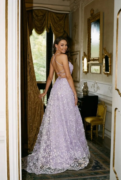 Elegant A-Line Sweetheart Sleeveless Floral Applique High Slit Lavender Prom Dress