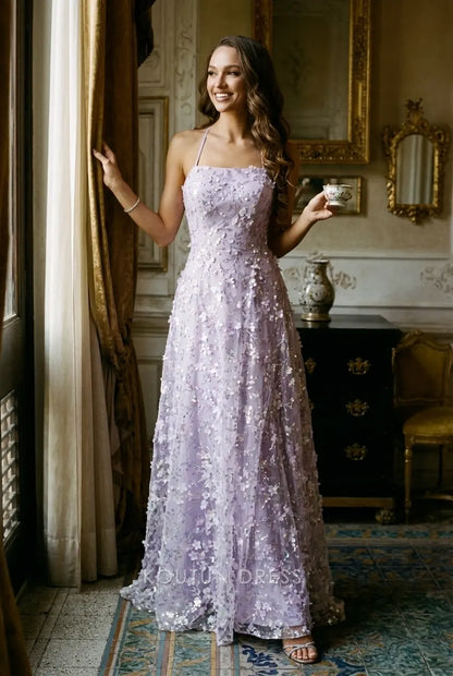 Elegant A-Line Sweetheart Sleeveless Floral Applique High Slit Lavender Prom Dress