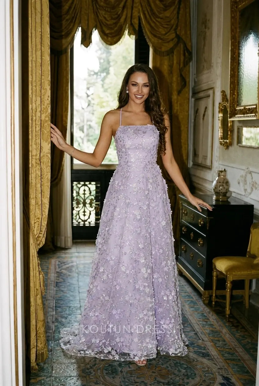 Elegant A-Line Sweetheart Sleeveless Floral Applique High Slit Lavender Prom Dress