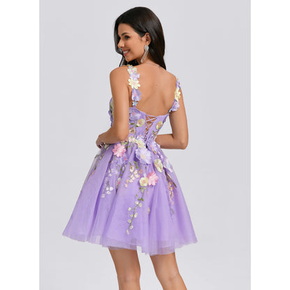 Elegant A-Line Sweetheart Sleeveless Floral Applique Lavender Short Homecoming Dress