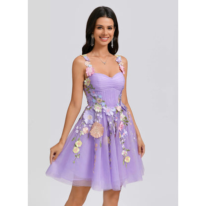 Elegant A-Line Sweetheart Sleeveless Floral Applique Lavender Short Homecoming Dress