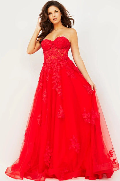 Elegant A-Line Sweetheart Sleeveless Floral Applique Red Floor-Length Evening Dresses Women's Gown