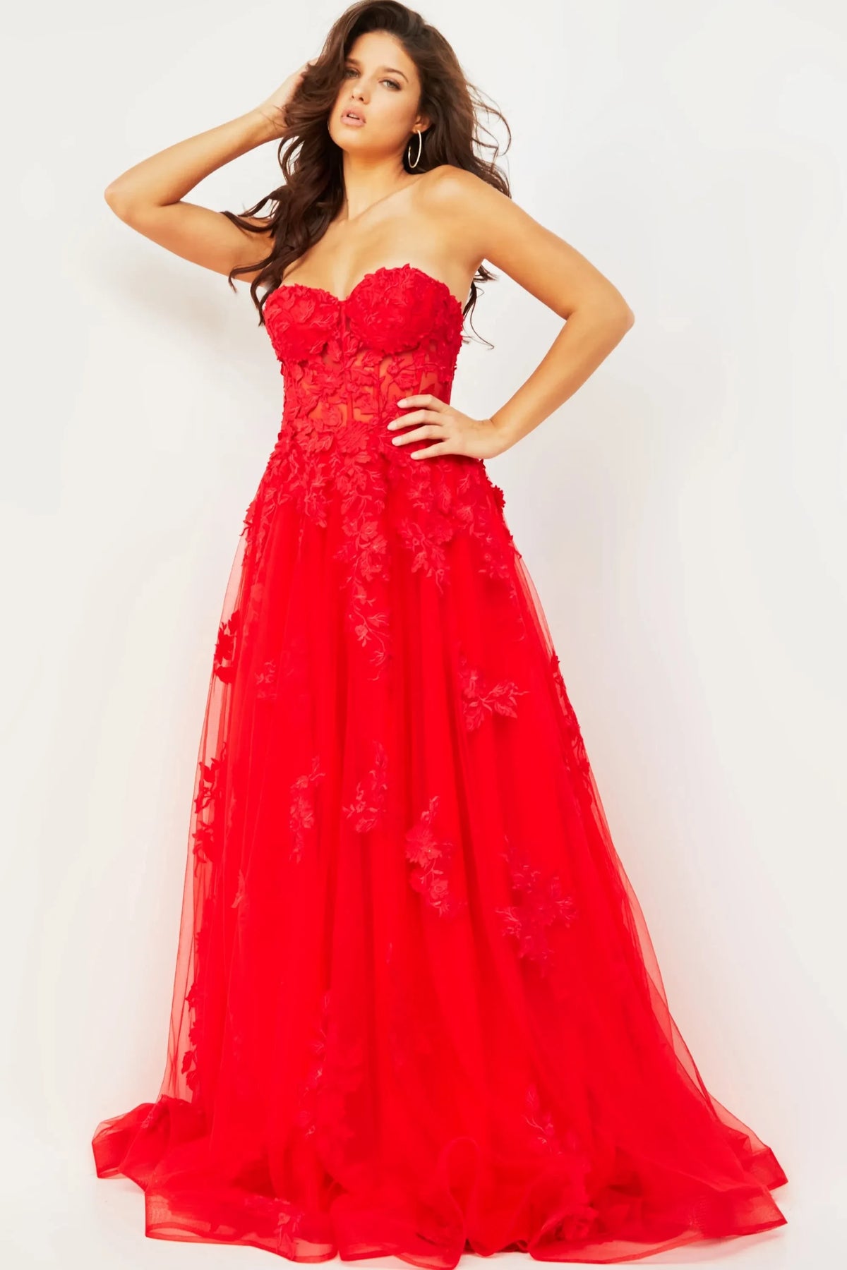 Elegant A-Line Sweetheart Sleeveless Floral Applique Red Floor-Length Evening Dresses Women's Gown