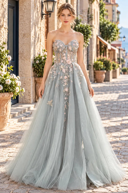 Elegant A-Line Sweetheart Sleeveless Floral Corset Blue Long Prom Dresses Gown